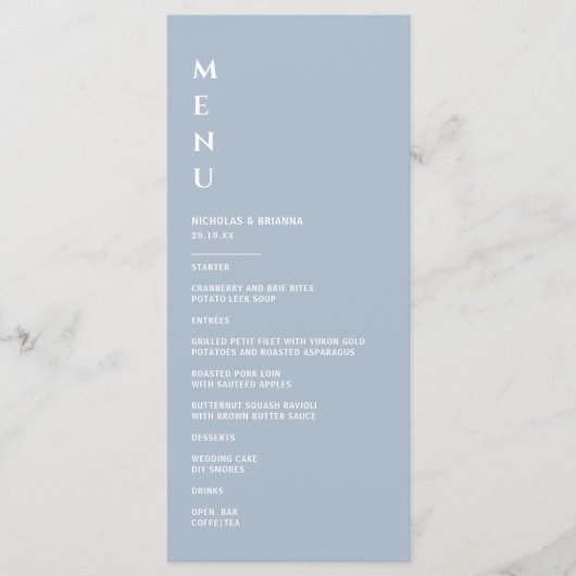 Minimalistisch Dusty Blue Wedding Menükarte (Vorderseite)
