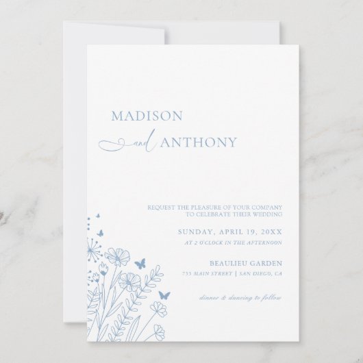 Minimalistisch Dusty Blue Wildblume Wedding Einladung (Vorderseite)