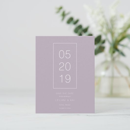 Minimalistisch Dusty Lilac Save the Date Postkarte (Stehend Vorderseite)