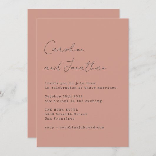 Minimalistisch Dusty Rose Schreibmaschine Script B Einladung (Vorne/Hinten)