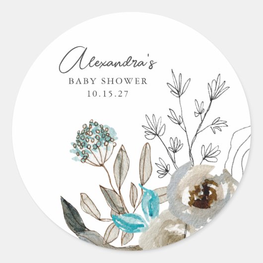 Minimalistisch Earthy Blue Botanical Baby Dusche Runder Aufkleber (Vorderseite)