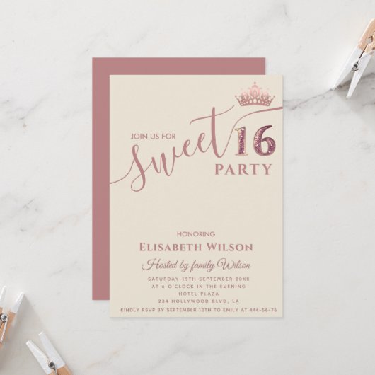 Minimalistisch Einfache Coole Rose Gold Tiara süß Einladung (Vorderseite/Rückseite Beispiel)