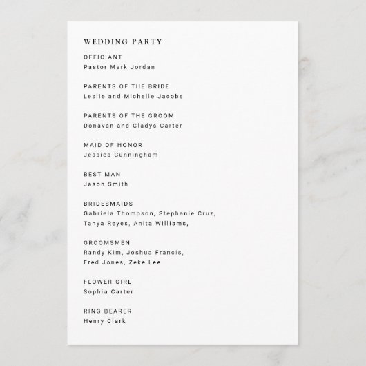 Minimalistisch Einfache Hochzeitsfeier Programm (Rückseite)