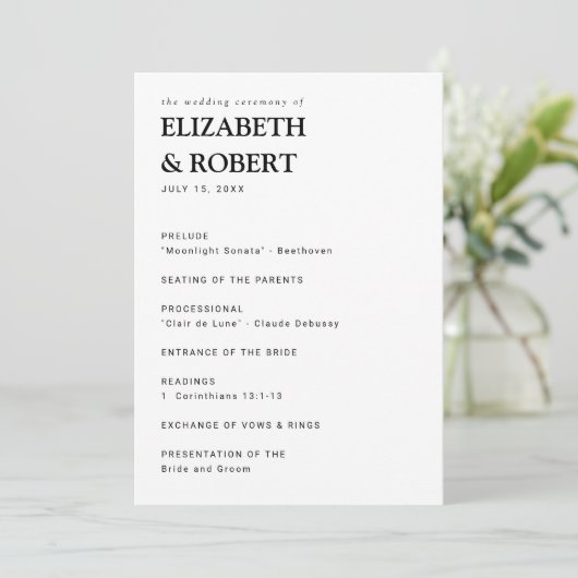 Minimalistisch Einfache Hochzeitsfeier Programm (Stehend Vorderseite)