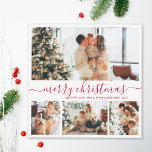 Minimalistisch Elegant 4 Foto Collage Weihnachten<br><div class="desc">Elegante Kalligrafie Minimalistisch Weiß und Rot 4 Foto Collage Frohe Weihnachts Script Holiday Card. Dieses festliche, mimimalistische, whimsical vier (4) Foto Urlaubskarte Vorlage verfügt über eine hübsche Foto Collage und sagt "Frohe Weihnachten"! Der "Frohe Weihnachten"-Grußtext ist in einer schönen Hand geschrieben, Wirble Swash-Schwanz-Schriftart-Typ in rot auf weißem Hintergrund. Auf der...</div>