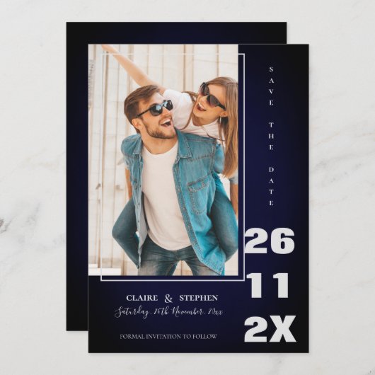 Minimalistisch Elegant Blue Bold Schriftart Foto W Save The Date (Vorne/Hinten)