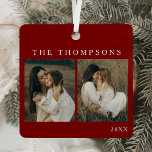 Minimalistisch Elegant Simple 4 Foto Red Christmas Ornament Aus Metall<br><div class="desc">Fügen Sie Ihrer E-Mail eine Touch zeitloser Eleganz mit unserem Minimalistischen Rot-Script-Rücksendeaufkleber hinzu. Diese personalisierten Adressetiketten mit einem klassischen roten Drehbuch in verfeinerter Kalligrafie verleihen jedem Umschlag, jedem Paket oder jeder Karte, die Sie versenden, einen raffinierten Charme. Auf hochwertigen Aufklebern bedruckt, bietet jedes Etikett ein berufliches, sauberes Aussehen, das sowohl...</div>