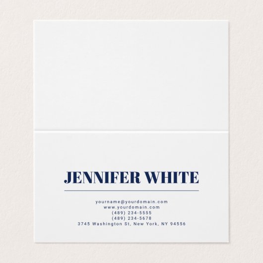 Minimalistisch Elegantes Blau und Weiß Schlicht Re Visitenkarten (Außenseite Aufgefaltet)