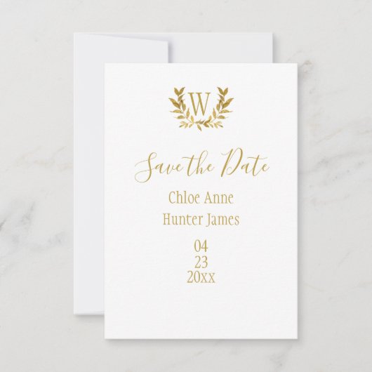 Minimalistisch: elegantes weißes Gold-Leaf-Monogra Save The Date (Vorderseite)