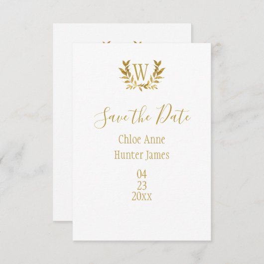 Minimalistisch: elegantes weißes Gold-Leaf-Monogra Save The Date (Vorne/Hinten)