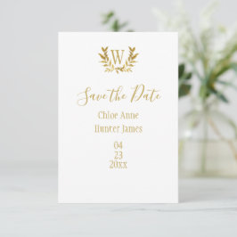 Minimalistisch: elegantes weißes Gold-Leaf-Monogra Save The Date