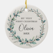 Minimalistisch Eucalyptus Baby First Christmas Fot Keramik Ornament (Hinten)