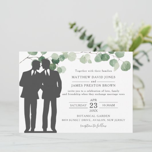 Minimalistisch Eukalyptus Greenery Gay Wedding Mr. Einladung (Stehend Vorderseite)