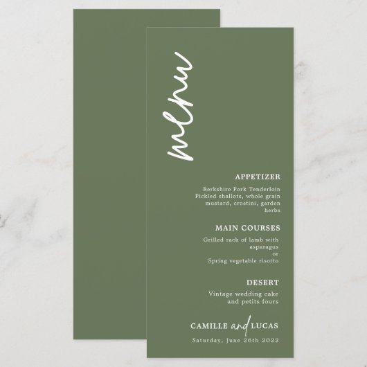 Minimalistisch Forest Green Wedding Menu Menükarte (Vorne/Hinten)