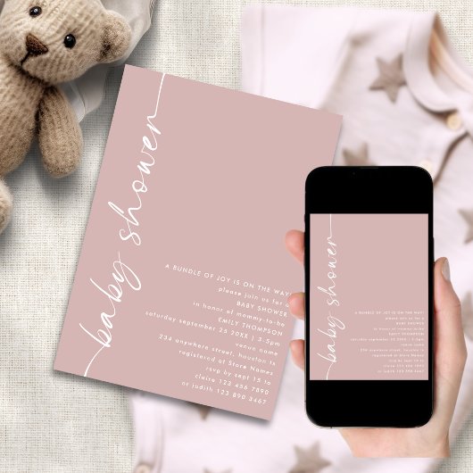 Minimalistisch gedrehter Text Dusty Rose Babydusch Einladung