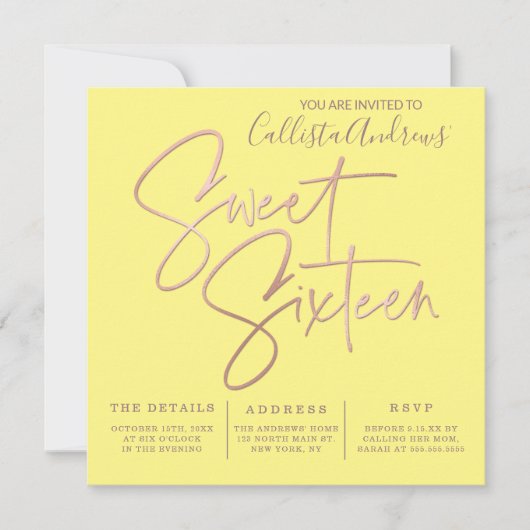 Minimalistisch Gelbe Rose Gold Typografie Sweet 16 Einladung (Vorderseite)