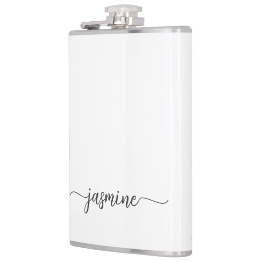 Minimalistisch Girl White Monogram Name Script Flachmann (Links)