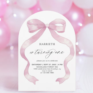 Minimalistisch Girly Pink Coquette Bow 1. Geburtst Einladung