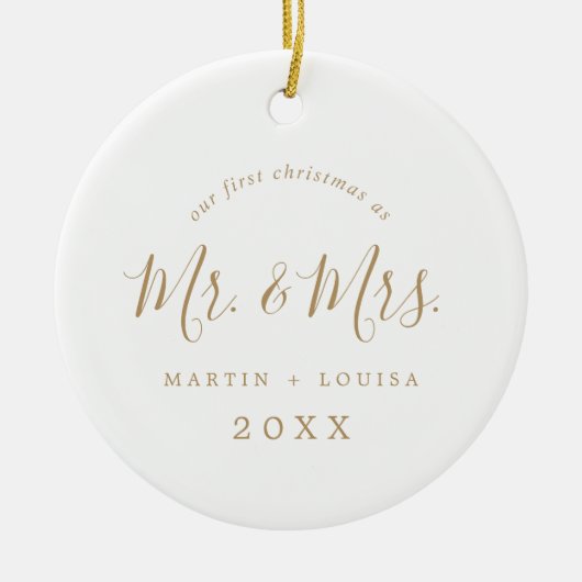 Minimalistisch Gold First Christmas Foto Keramik Ornament (Vorne)