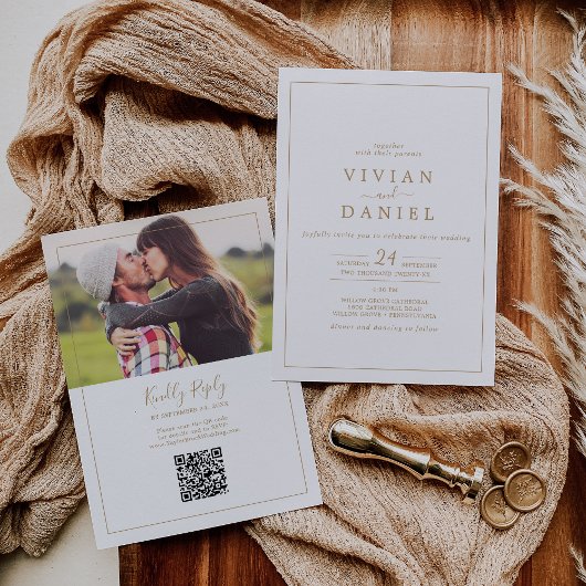 Minimalistisch Gold Foto QR Code in einer Hochzeit Einladung