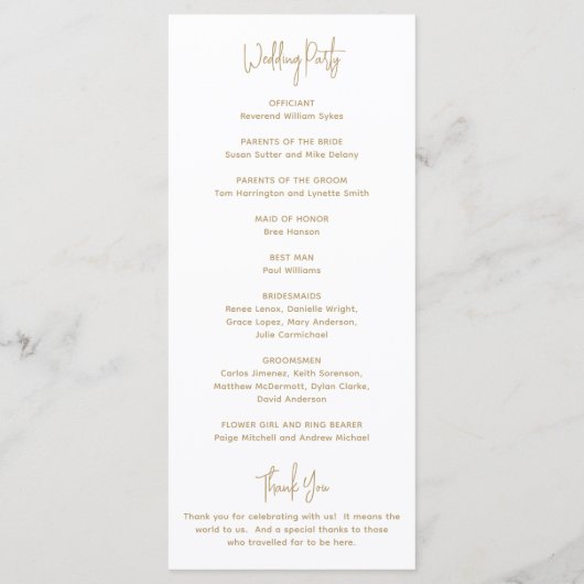 Minimalistisch Gold Moderne Hochzeit Programm (Rückseite)