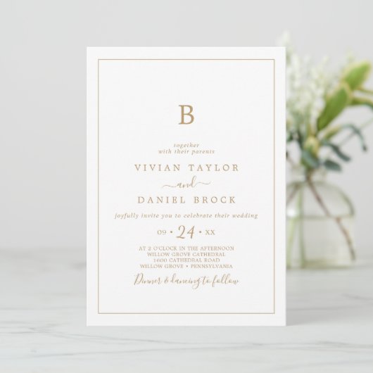 Minimalistisch Gold Monogram Wedding Einladung (Stehend Vorderseite)