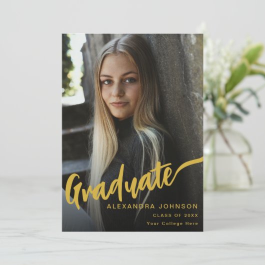 Minimalistisch Graduate Foto Gold Script Black Ankündigung (Stehend Vorderseite)