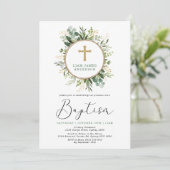 Minimalistisch Green Gold Botanical Greenerie Tauf Einladung (Stehend Vorderseite)