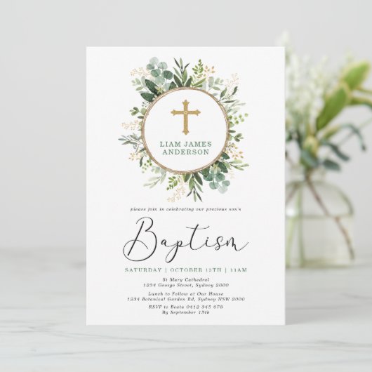 Minimalistisch Green Gold Botanical Greenerie Tauf Einladung (Stehend Vorderseite)