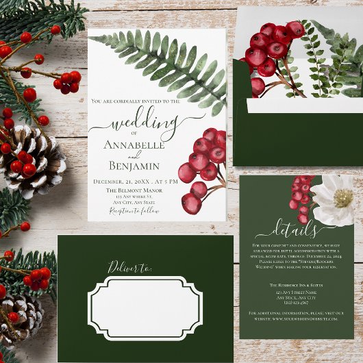 Minimalistisch Green und Berry Floral Ferns Weddin Einladung