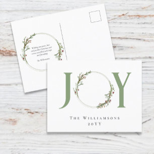 Minimalistisch Green Watercolor Wreath Freude Weih Feiertagspostkarte