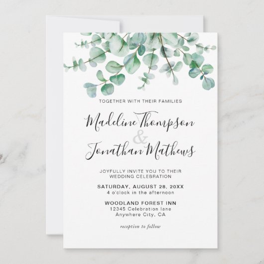 Minimalistisch Greenery Bloral Eucalyptus Wedding Einladung (Vorderseite)