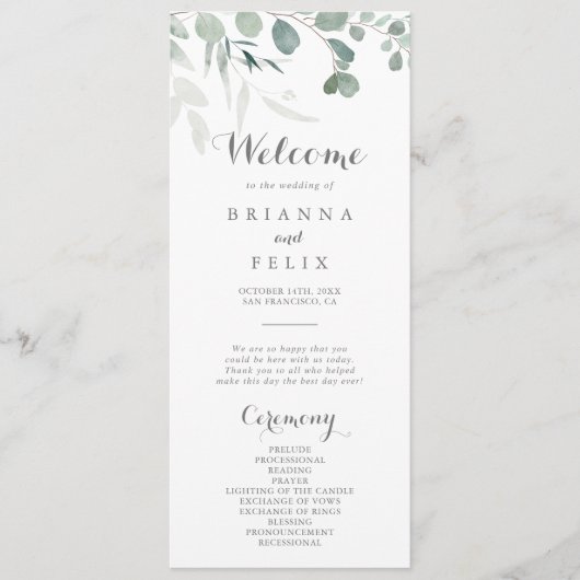 Minimalistisch Greenery Eucalyptus Wedding Program Programm (Vorderseite)