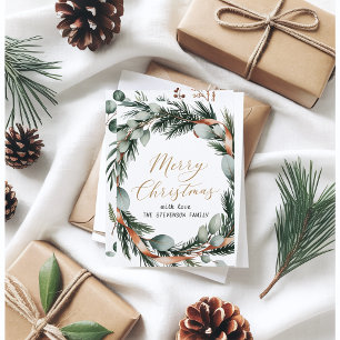 Minimalistisch Greenery Wreath Gold Script Feiertagskarte