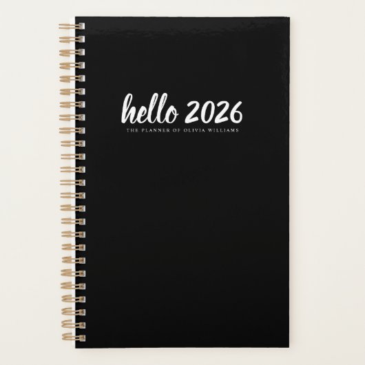 Minimalistisch Hello 2026 Black Planner Planer (Vorderseite)