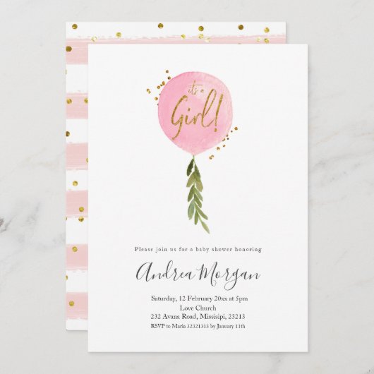 Minimalistisch ist eine junge rosa Ballon Babydusc Einladung (Vorne/Hinten)