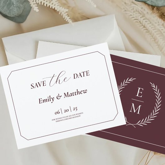 Minimalistisch Laurel Monogram Wedding Save the Da Ankündigungspostkarte
