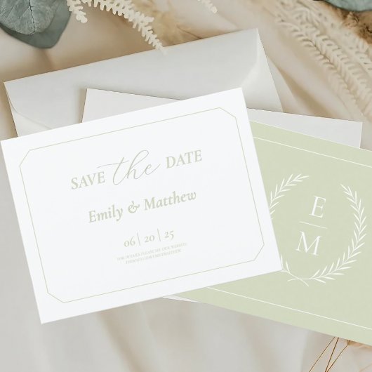 Minimalistisch Laurel Monogram Wedding Save the Da Ankündigungspostkarte
