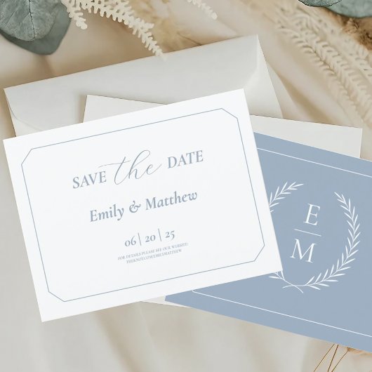 Minimalistisch Laurel Monogram Wedding Save the Da Ankündigungspostkarte
