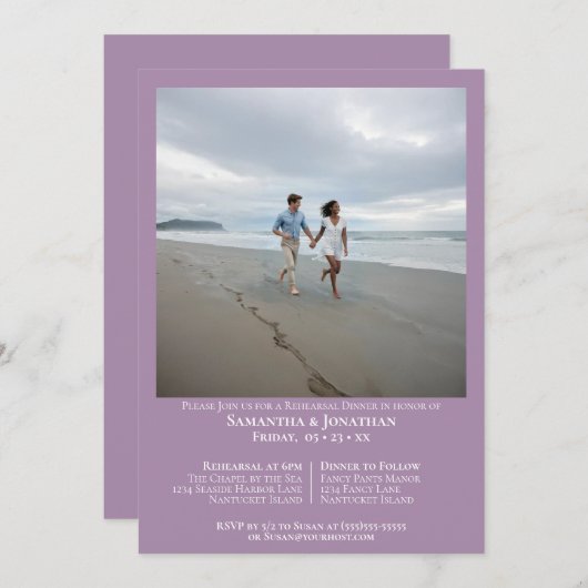 Minimalistisch Lavender Foto Hochzeit Probe Dinner Einladung (Vorne/Hinten)