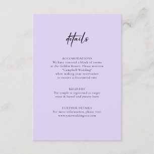 Minimalistisch Lavender Lila DETAILS Info-Hochzeit Begleitkarte