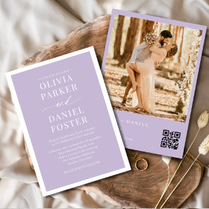 Minimalistisch Lavender Lila QR Code Foto Hochzeit Einladung