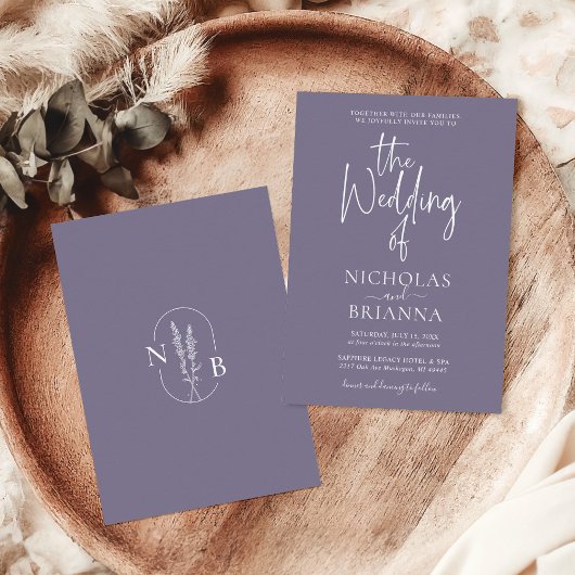 Minimalistisch Lavender Wedding Modern Monogram Einladung