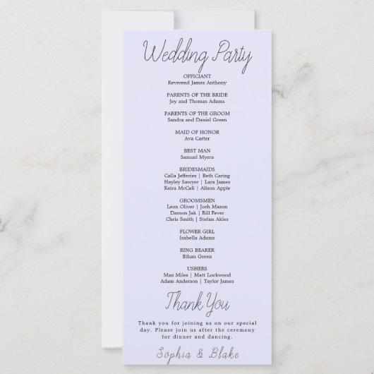Minimalistisch Lavender Wedding Program (Rückseite)