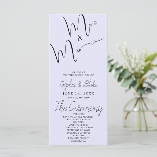 Minimalistisch Lavender Wedding Program (Stehend Vorderseite)