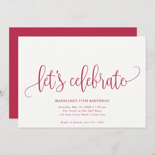 Minimalistisch "Let's Celebrate" Magenta Einladung (Vorne/Hinten)