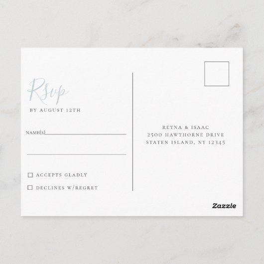 Minimalistisch Light Blue Wedding RSVP Postcard Postkarte (Rückseite)
