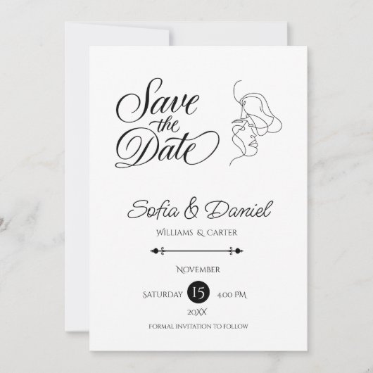 Minimalistisch Line Art Couple Illustration Hochze Save The Date (Vorderseite)