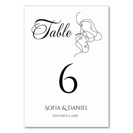 Minimalistisch Line Art Couple Illustration Hochze Tischnummer (Vorderseite)