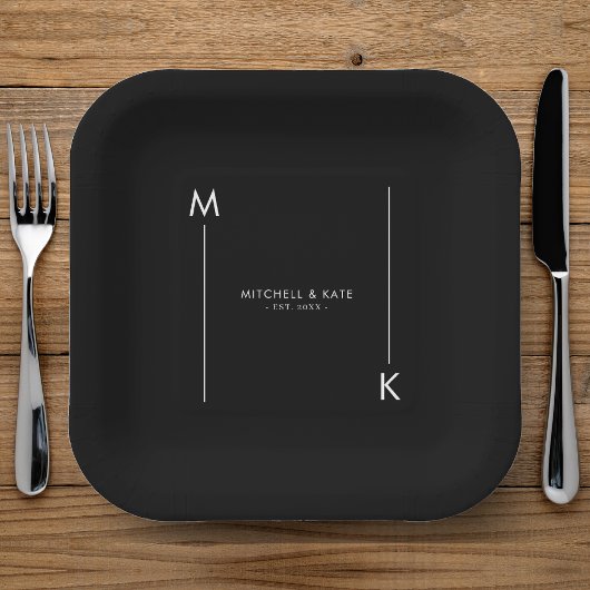 Minimalistisch Line Monogram Black & White Wedding Pappteller